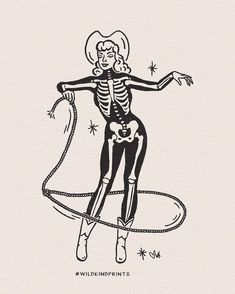 a drawing of a skeleton holding a rope with her arms stretched out and wearing a cowboy hat