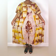 New Without Tags Handmade African Print Ankara Yellow Multicolor Cotton Tie Dye Midi Kaftan Dress One Size Fits Most Handmade 100% Cotton Length 49” Bohemian Yellow Kaftan With Batik Print, Yellow Bohemian Dress With Batik Print, Yellow Batik Print Dresses, Yellow Cotton Dress With Batik Print, Yellow Batik Print Beach Dress, Yellow Cotton Short Sleeve Maxi Dress, Yellow Free Size Maxi Dress, Traditional Yellow Dress With Batik Print, Yellow Long Casual Kaftan