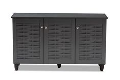 a black cabinet with three doors and two drawers on one side, in front of a white background