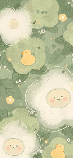 an illustration of two little ducks floating in the water surrounded by lily pads and flowers