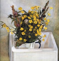 a painting of yellow flowers in a white vase