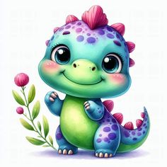 a cute little blue and green dinosaur sitting next to a pink flower on a white background