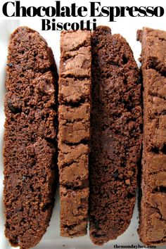 chocolate espresso biscotti cookies on a white plate with text overlay