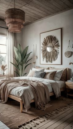 a bedroom with a bed, rugs and plants on the wall next to it