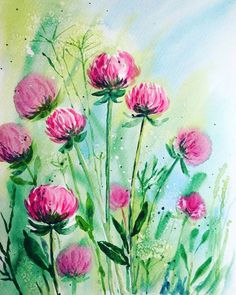 watercolor painting of pink flowers on green and white background with blue sky in the background