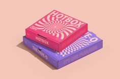 two boxes are stacked next to each other on a pink and purple background, one has the word hobox printed on it