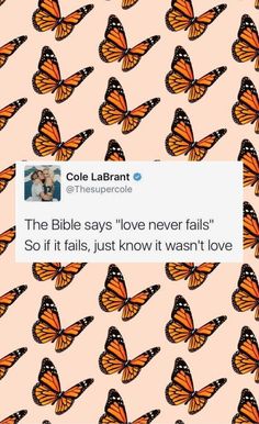 a bunch of orange butterflies with the caption'the bible says love never falls so if it falls, just know it was love