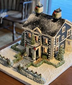 a house is decorated with christmas decorations and lights on the roof, along with snow