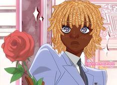 an anime character with blonde hair holding a rose