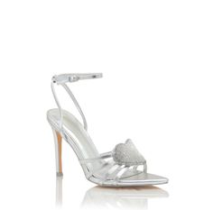 These Sweetheart - Silver shoes feature an open pointed toe design with adjustable anklet straps that add a touch of elegance. The embellished heart detail completes the look for a charming and stylish option. True to size for Most Heel Hight: 4”