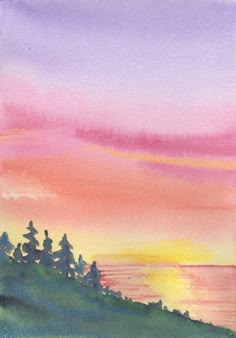 watercolor painting of sunset over the ocean with pine trees on hill in foreground