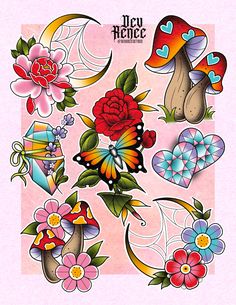 an assortment of flowers and butterflies on a pink background