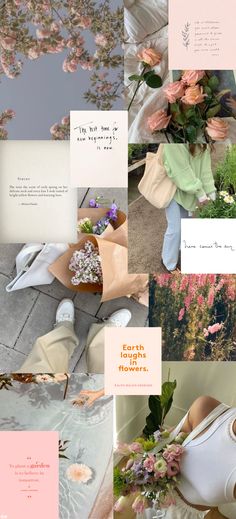 the collage shows many different types of flowers and plants in pink, blue, green,