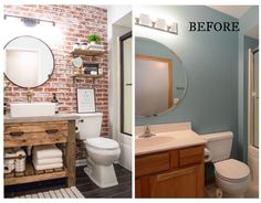 before and after photos of a bathroom remodel with brick walls, wood cabinets, and white fixtures