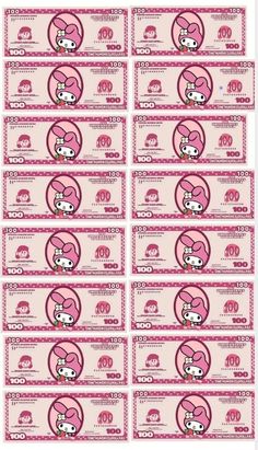 five pink money bills with cartoon characters in the middle and one has a rabbit on it