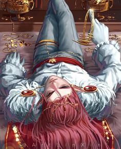 a woman with red hair laying on the ground in front of gold chains and rings