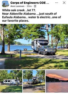 an rv parked next to the water and trees