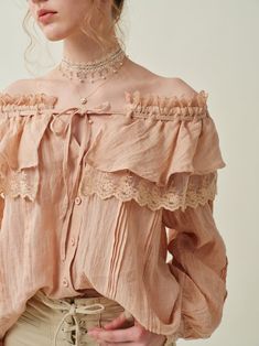 Ivy 31 | Ruffled linen fairy blouse Victorian Blouse, Light Coral, Elegant Blouses, Cape Coat, Summer Blouses, Linen Blouse, Lace Ruffle, Blouse Vintage, Lace Blouse