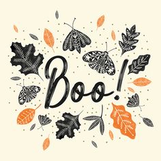 the word boo surrounded by autumn leaves and butterflies on a white background with polka dots