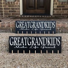 two wooden signs that say great grandkids and make life grand