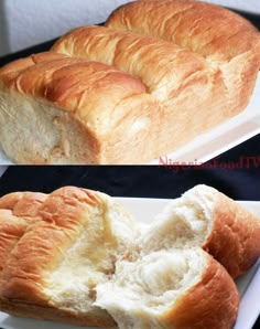 two pictures of bread that have been cut in half