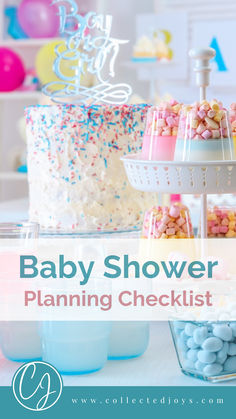 baby shower planning checklist with cake and candy