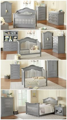 the baby crib and dressers are all painted in gray, with white trim