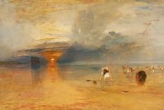 a painting of a person on the beach with a dog in front of them and an orange sky