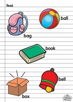 an exercise sheet with pictures of objects and words on it, including a ball, backpack, book, bag