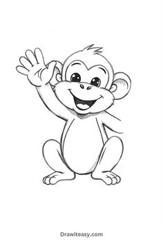 A happy cartoon monkey sitting and waving with a big smile, large eyes, and simple outlines, creating a playful and friendly expression. Monkey Drawing For Kids, Funny Monkey