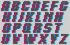 a cross stitch pattern with letters and numbers in blue, pink, and grey colors