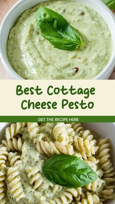 the best cottage cheese pesto recipe is in a white bowl with basil leaves on top