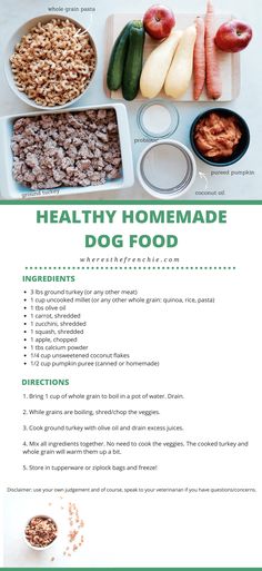 the healthy homemade dog food recipe is shown in green and white, with ingredients for it