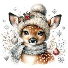 a drawing of a deer wearing a knitted hat and scarf with christmas decorations around it