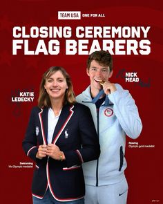 two people standing next to each other in front of a red background with the words closing ceremony flag bearer