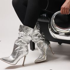 Experience Serious Fashion Flair In These Eye-Catching Metallic Snake Skin Boots. They Boast A Unique Pleated Design And True-To-Size Fit With A Microfiber Shaft And Lining, Plus A Pu Insole For Superior Comfort. Make A Statement In These Modern Mid-Calf Boots Featuring A Pointed Toe, Super High 8cm Heel, And Rubber Outsole. Slip-On And Strut Your Stuff Without Compromising On Style! Features: * Pleated * Thin Heel * Heel Height 3.15"+ * Pointed Toe * Mid-Calf Height * Snake Print * Ankle Height Snake Skin Boots, Fantasy Gowns, Mid Calf Boots, Snake Print, Mid Calf, Snake Skin, The Struts, Bootie Boots, Heel Height