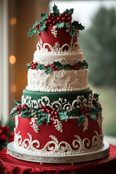 a three tiered cake decorated with holly and berries