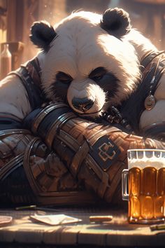 a panda bear sitting on top of a wooden table next to a glass of beer