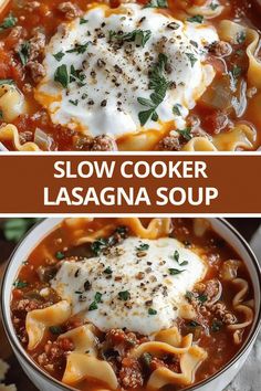 two pictures showing different types of lasagna soup