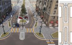 an aerial view of a street with cars and buildings