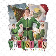 an image of a man in elf costume with christmas pictures on the front and back