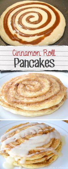 cinnamon roll pancakes are shown in three different pictures with the words cinnamon roll pancakes on them