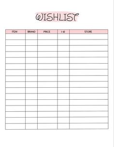 a printable wish list with the words wishlist written on it in pink and black