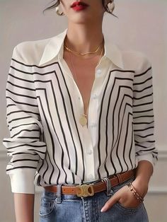 Faster shipping. Better service Fall Blouse, Aesthetic Spring, Shirts Women Fashion, Men Spring, Outfits Black, Casual Long Sleeve Shirts, Black And White Lines, Elegant Skirt