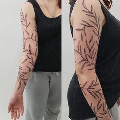 two pictures of a woman with tattoos on her arms and shoulder, both showing the same tattoo design