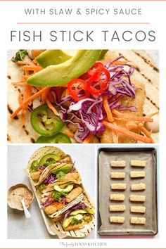 fish stick tacos with slaw and spicy sauce on the side, an avocado pita