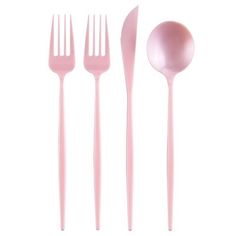 pink plastic utensils and spoons on a white background