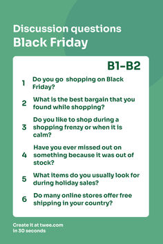 Spark meaningful conversations with your B1-B2 students using these thought-provoking Black Friday discussion questions!  Follow the link to download a Black Friday lesson plan! #EnglishTeaching #DiscussionQuestions #ESLActivities #HolidayLessons #BlackFridayLearning #TeachEnglishOnline #InteractiveLearning #ESLConversation English Classroom Decor, Esl Teaching Resources, Teaching English Online, Esl Activities, Holiday Lessons, Speaking Activities, English Classroom, Esl Teaching