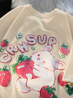 Cute Cartoon Rabbit Strawberry Fruit Print Crewneck Short Sleeve Casual T Shirts Graphic Tees Women Tops Apricot Casual  Short Sleeve Fabric Animal,Cartoon,Letter,Fruit&Vegetable  Medium Stretch  Women Clothing, size features are:Bust: ,Length: ,Sleeve Length: Rabbit Strawberry, Soft Girl Clothes, Egirl Clothes, Student Girl, Strawberry Print, Cute Rabbit, Fruit Print, Other Outfits, Really Cute Outfits