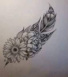 a drawing of a feather with flowers on it